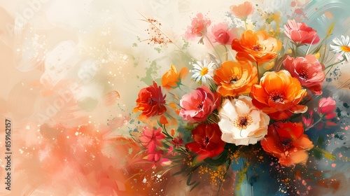 A colorful bouquet of flowers featuring red, orange, and white blooms, set against an abstract, pastel-toned background.