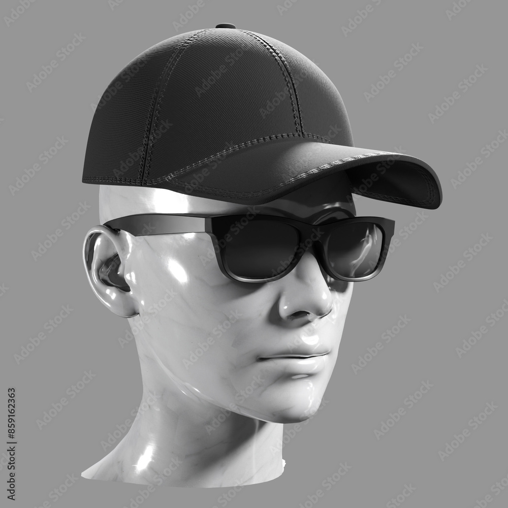 Black baseball caps mockup and sunglasses are worn on a marble mannequin. clipping path, 3D render Black baseball caps mockup and sunglasses are worn on a marble mannequin. clipping path, 3D render