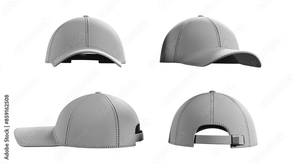 Grey baseball caps mockup on a white background, clipping path, front and back side, 3D render Grey baseball caps mockup on a white background, clipping path, front and back side, 3D render