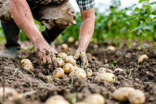 farmers harvesting potatoes in the field during autumn season lifestyle photo