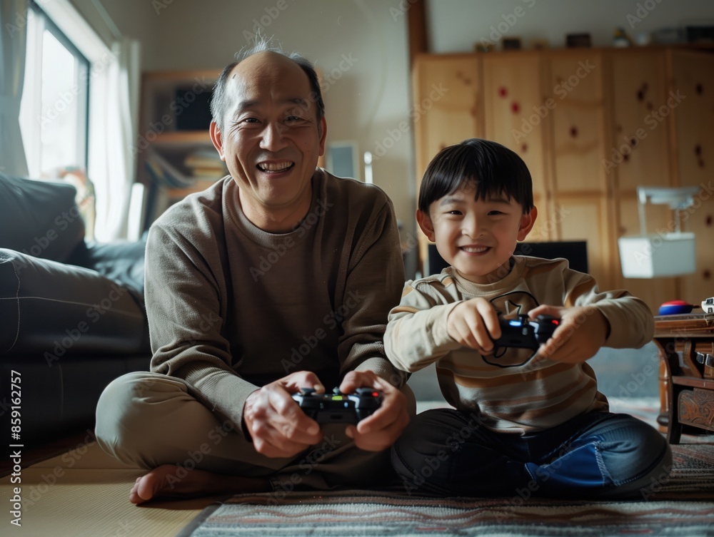 man and his son are playing a video game while sitting on the floor