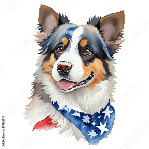 Australian Shepherd Dog. celebrating Independence Day on the 4th of July. Generative Ai