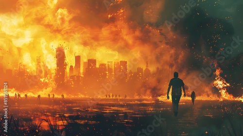 Silhouetted figures walk through a fiery, apocalyptic landscape with a burning city in the background, creating a scene of chaos and destruction.