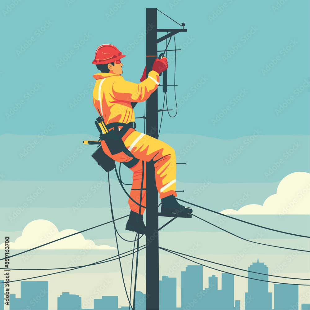 Flat vector illustration of an electrician working on top of a telephone pole Flat vector illustration of an electrician working on top of a telephone pole