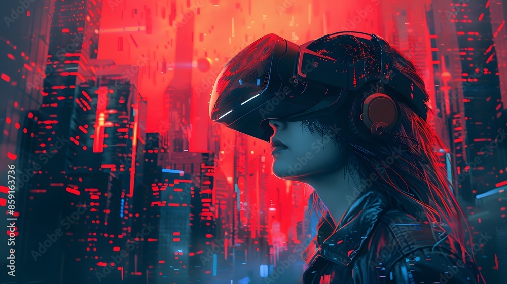 A woman wearing a virtual reality headset is immersed in a futuristic, neon-lit cityscape, surrounded by red and blue digital elements. A woman wearing a virtual reality headset is immersed in a futuristic, neon-lit cityscape, surrounded by red and blue digital elements.