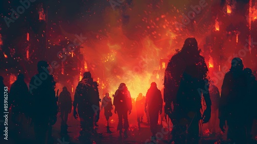 Dark silhouettes of figures stand against a backdrop of a blazing, apocalyptic scene with intense flames and embers lighting the night.