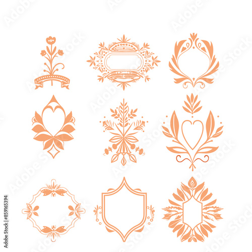 vector logo set of decorative frames, floral and heart motifs in a peach fuzz color on a white background, symmetrical composition, in the style of vector illustration