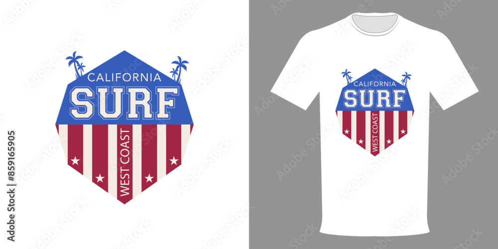 Vector illustration of CALIFORNIA SURF, West Coast hexagon t-shirt in American flag colors, premium quality streetwear, urban collection. Vintage print sweatshirt. Typographic template for printing on Vector illustration of CALIFORNIA SURF, West Coast hexagon t-shirt in American flag colors, premium quality streetwear, urban collection. Vintage print sweatshirt. Typographic template for printing on