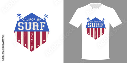 Vector illustration of CALIFORNIA SURF, West Coast hexagon t-shirt in American flag colors, premium quality streetwear, urban collection. Vintage print sweatshirt. Typographic template for printing on