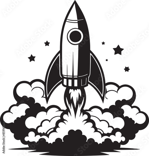 rocket in space illustraation black and white