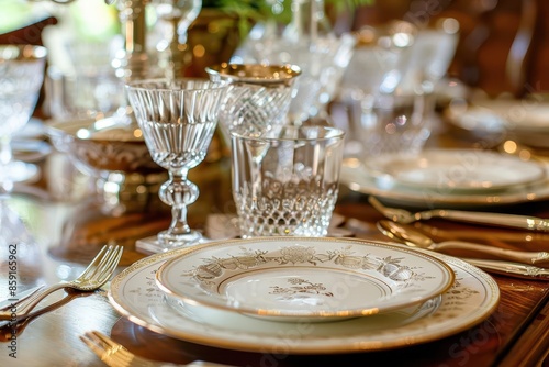elegant formal dinner table setting with fine china crystal glassware and silver cutlery food photography