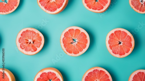 Grapefruit in flat lay Fruity pattern. Grapefruit with pink flesh on a turquoise background in Top view Modern flat lay photo pattern. popart style.