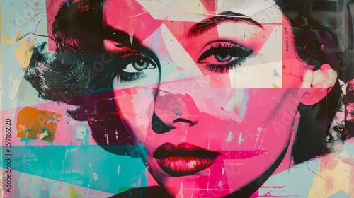 Modern Pop art collage. Beauty woman face with nice Red lips.