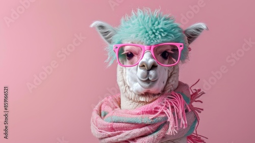 Funny Pink alpaca with turquoise hair and a handmade scarf wearing pink sunglasses on pink background.