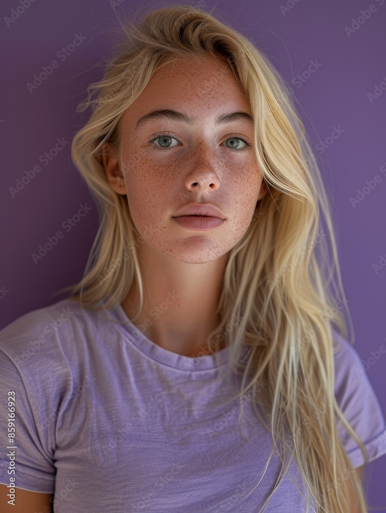Young Blonde Woman Wearing A Purple T-Shirt Against A Purple Background Young Blonde Woman Wearing A Purple T-Shirt Against A Purple Background