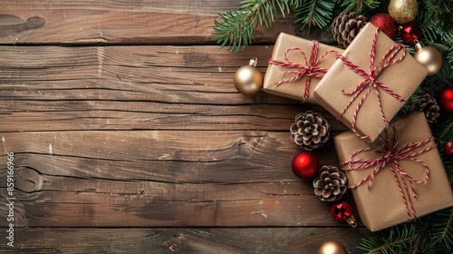Christmas gift boxes displayed on a wooden background