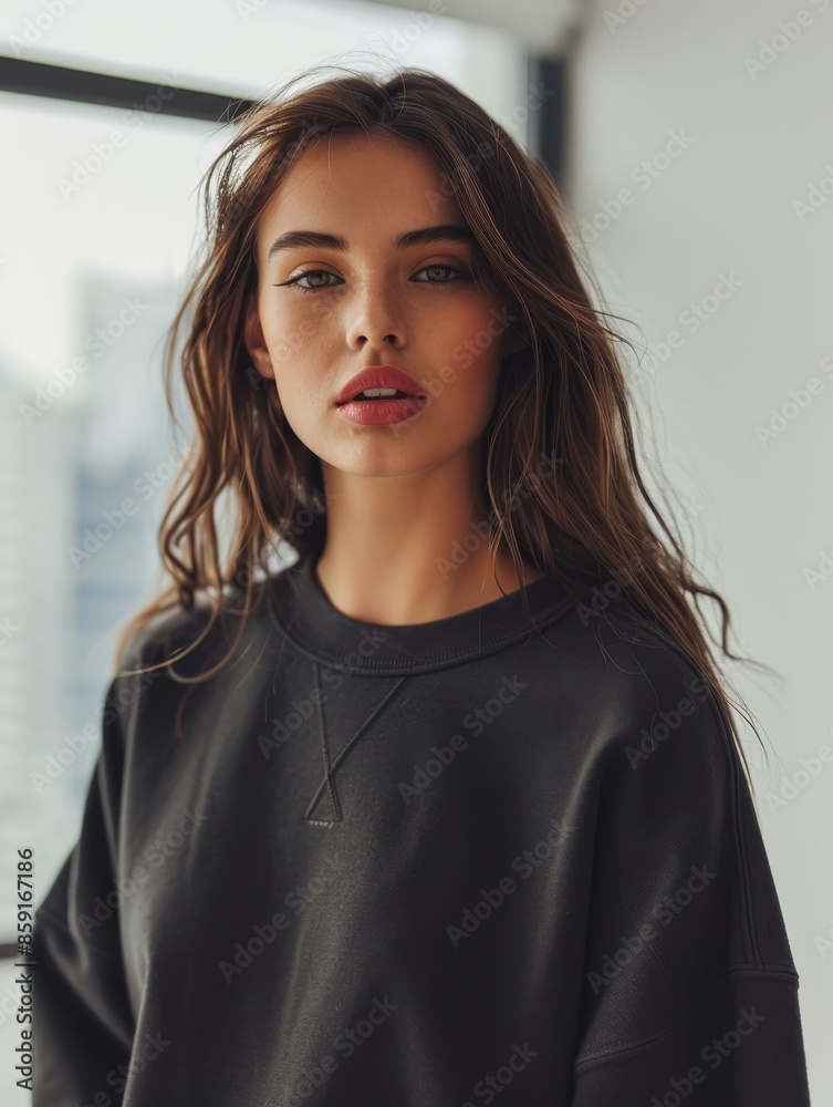 Woman Wearing a Black Sweatshirt in a Studio Woman Wearing a Black Sweatshirt in a Studio