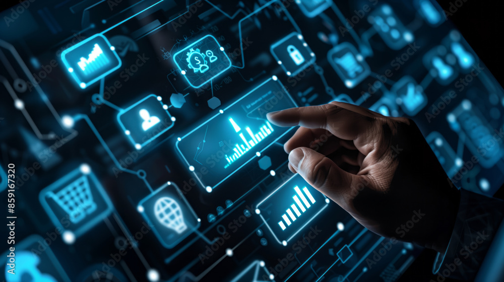 Corporate executive pointing at a glowing virtual display with 'Growth Strategy' text, Digital icons representing financial growth Corporate executive pointing at a glowing virtual display with 'Growth Strategy' text, Digital icons representing financial growth