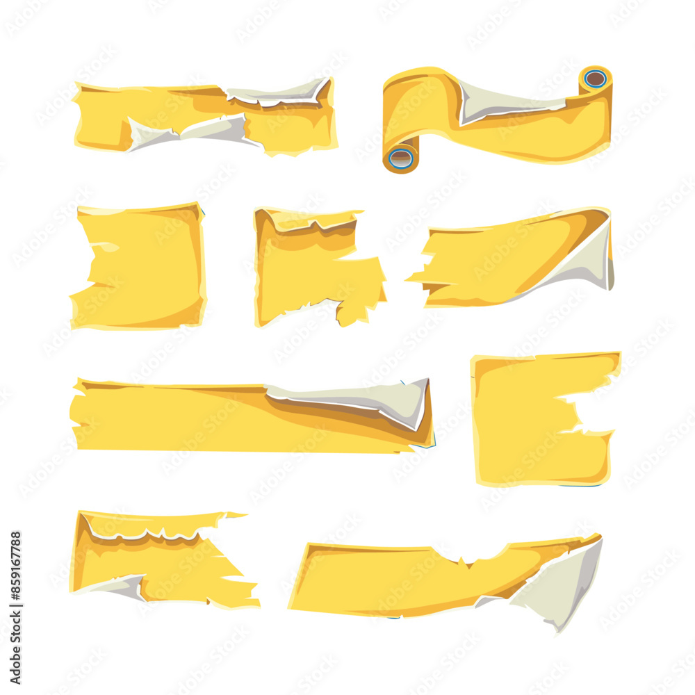 vector sticker set of yellow stickers and ripped paper sheet, white background, cartoon style, vector illustration vector sticker set of yellow stickers and ripped paper sheet, white background, cartoon style, vector illustration