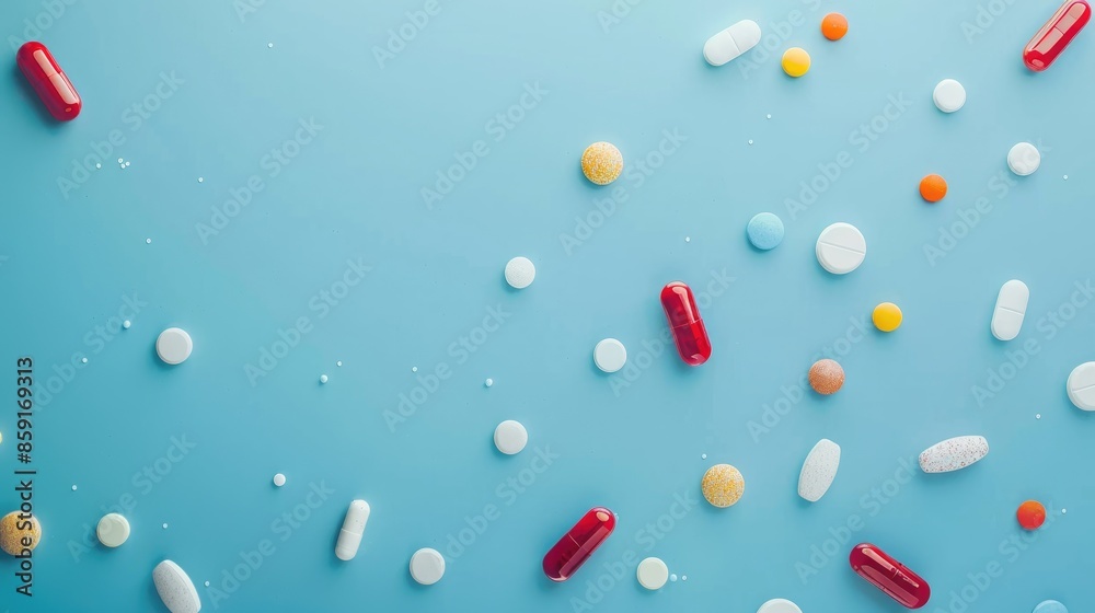 Different pills on a blue backdrop with space for text Modern pharmacy ad with capsules and tablets Different pills on a blue backdrop with space for text Modern pharmacy ad with capsules and tablets