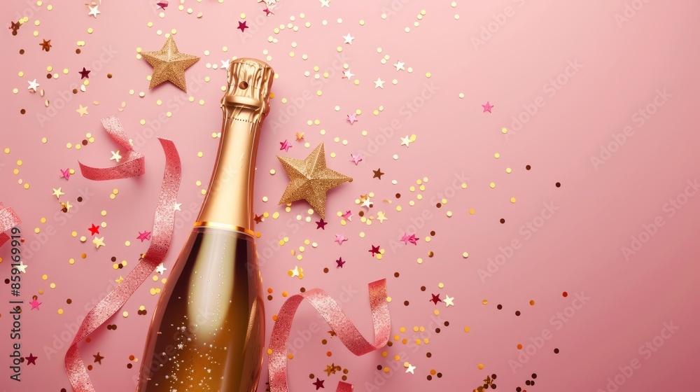 Fototapeta premium celebration background with golden champagne bottle surrounded by confetti stars and party streamers on white surface, ideal for christmas, birthday, or wedding festivities - festive flat lay composit