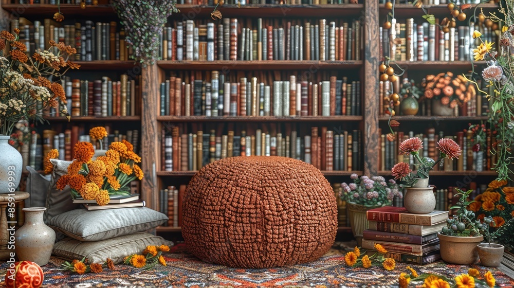 Fototapeta premium patterned interior mock brown pouf armchair frame boucle books stylish poster carpet living white room pillow dried flowers slippers sideboard vase Vintage books 