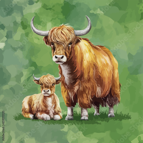 Watercolor yak with his cute baby, highland cow set, vector