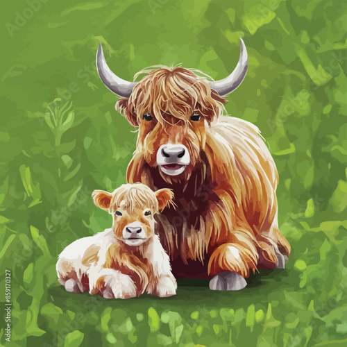 Watercolor yak with his cute baby, highland cow set, vector
