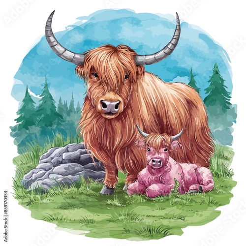 Watercolor yak with his cute baby, highland cow set, vector