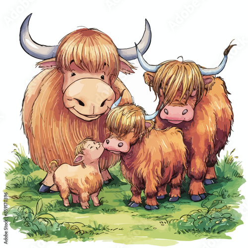 Watercolor yak with his cute baby, highland cow set, vector