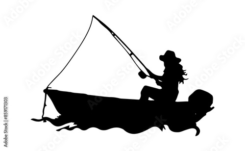 Woman fishing on boat pose Silhouette Clipart
