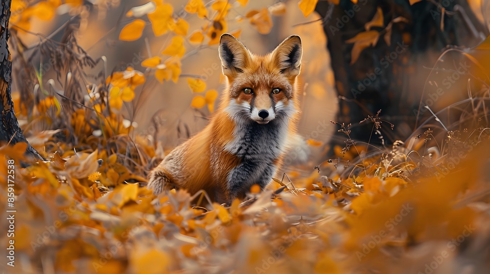 Fototapeta premium Cute Red Fox, Vulpes vulpes, fall forest. Beautiful animal in the nature habitat. Orange fox, detail portrait, Czech. Wildlife scene from the wild nature. Red fox running in orange autumn leaves. 