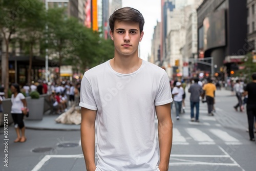 A young man stands on a city street in a white shirt © Juan Hernandez