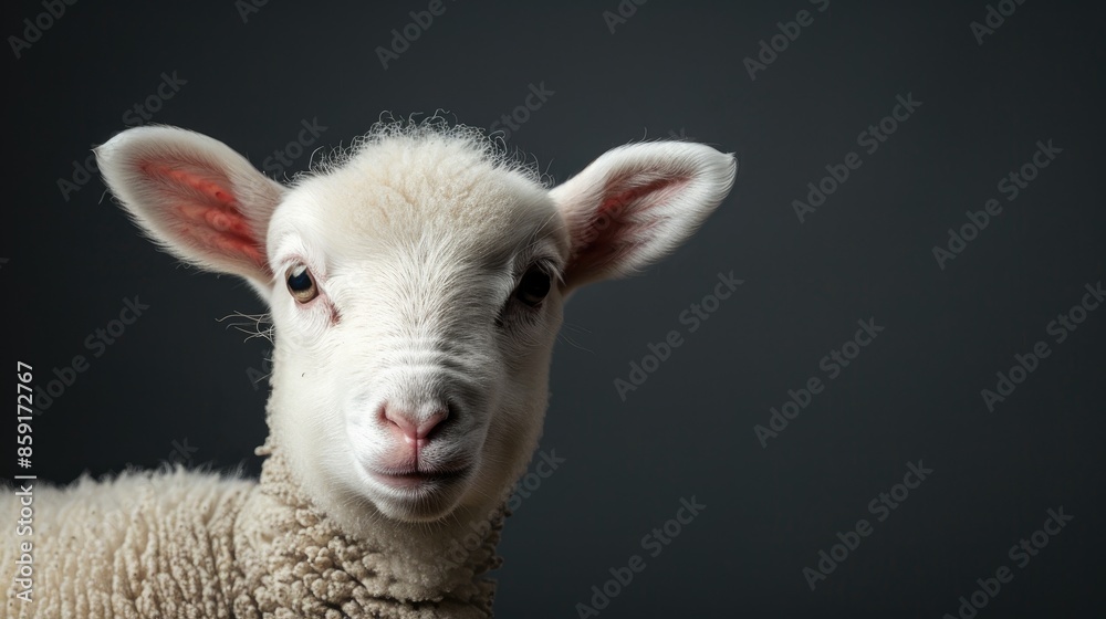 White lamb isolated on dark surface with room for text Close up of young sheep staring at lens White lamb isolated on dark surface with room for text Close up of young sheep staring at lens