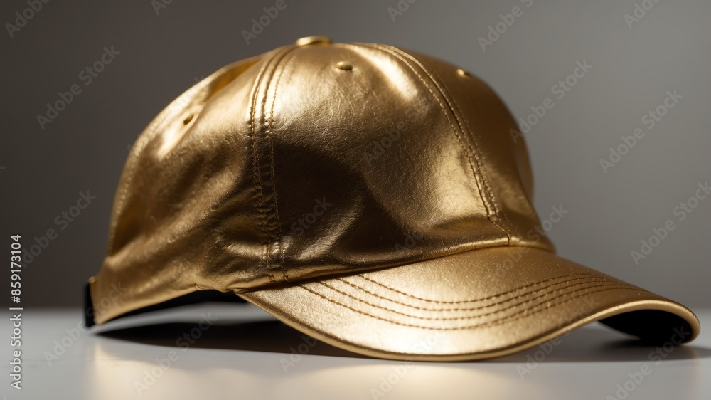 a gold baseball cap on white table and plain background with dramatic lighting