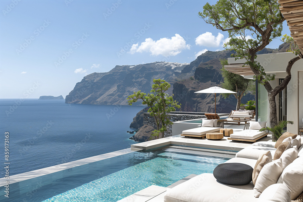 Fototapeta premium Modern villa interior in Santorini with minimalist design, featuring marble textures, bright natural light, soft shadows, and cool blue tones for a serene, clutter-free, and sophisticated living space