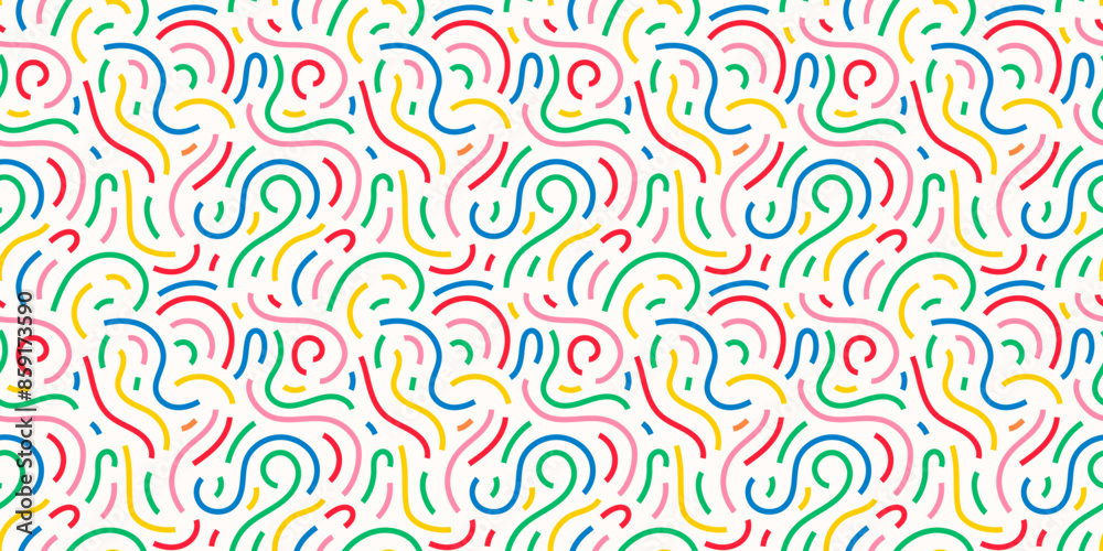 Fun colorful line doodle seamless pattern. Creative abstract squiggle style drawing background for children or trendy design with basic shapes. Simple childish scribble wallpaper print. Vector Fun colorful line doodle seamless pattern. Creative abstract squiggle style drawing background for children or trendy design with basic shapes. Simple childish scribble wallpaper print. Vector