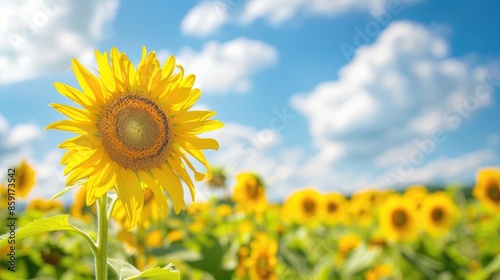 Scenic sunflower field with yellow blossoms under blue sky Harvest theme