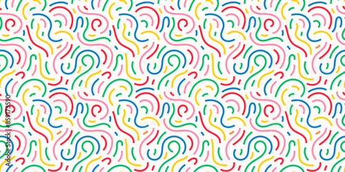 Fun colorful line doodle seamless pattern. Creative abstract squiggle style drawing background for children or trendy design with basic shapes. Simple childish scribble wallpaper print. Vector