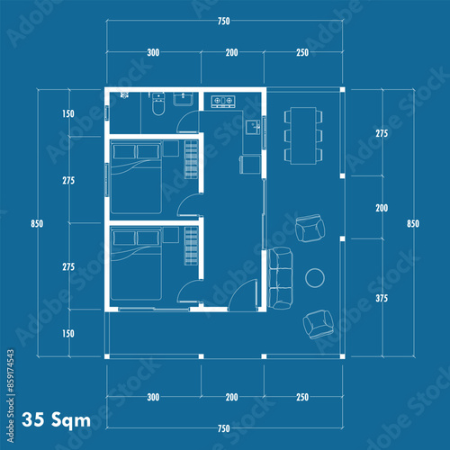 Floor plan blueprint type 35 sqm, Figure of the jotting sketch of the construction and the industrial skeleton of the structure and dimensions. vector eps 10