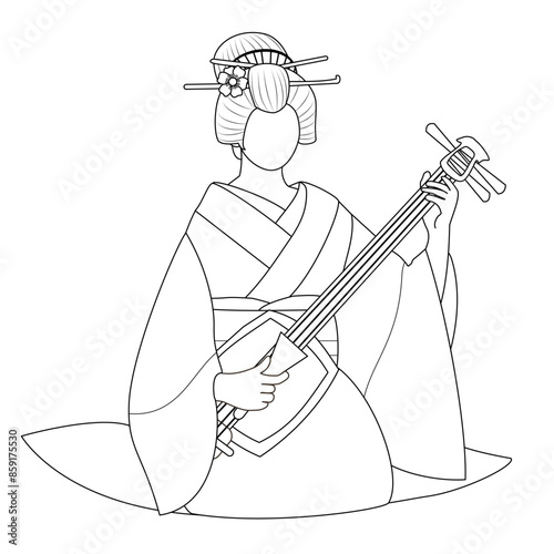 A Japanese woman dressed in a kimono, playing the shamisen, coloring page