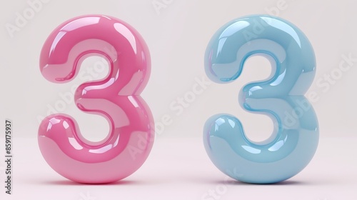 Glossy Pink and Blue Number Three Balloons on White Background