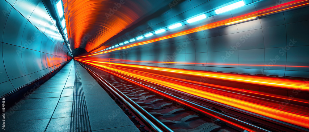 An abstract image of a train tunnel illuminated with a warm orange glow from a train passing through the tunnel. The concrete walls and the tracks add to the futuristic aesthetic of the image An abstract image of a train tunnel illuminated with a warm orange glow from a train passing through the tunnel. The concrete walls and the tracks add to the futuristic aesthetic of the image