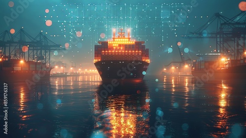 A large cargo ship, brightly lit, docked at a busy harbor during nighttime, representing modern maritime commerce and the convergence of technology and heavy industry.
