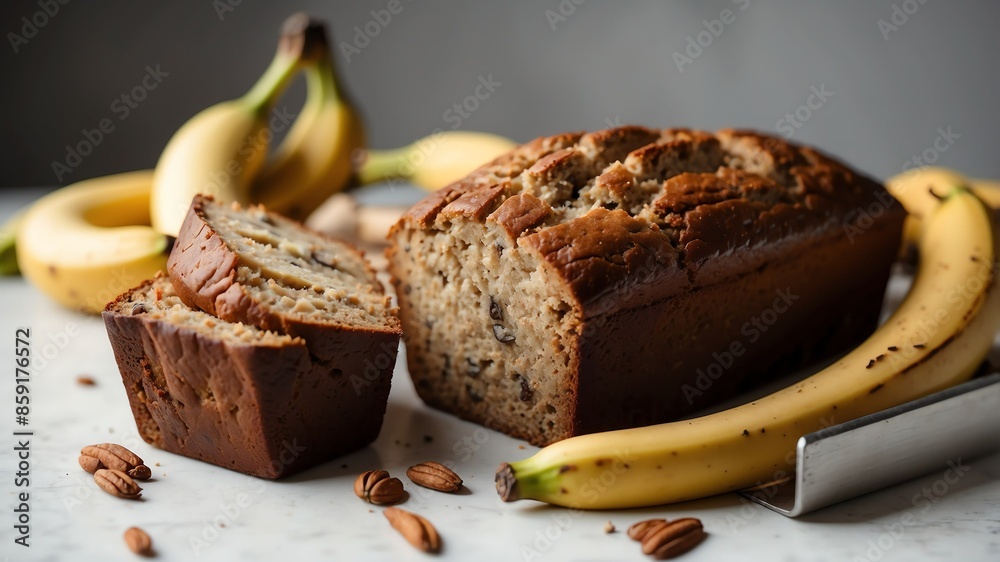 banana bread on white table and plain background with dramatic lighting banana bread on white table and plain background with dramatic lighting