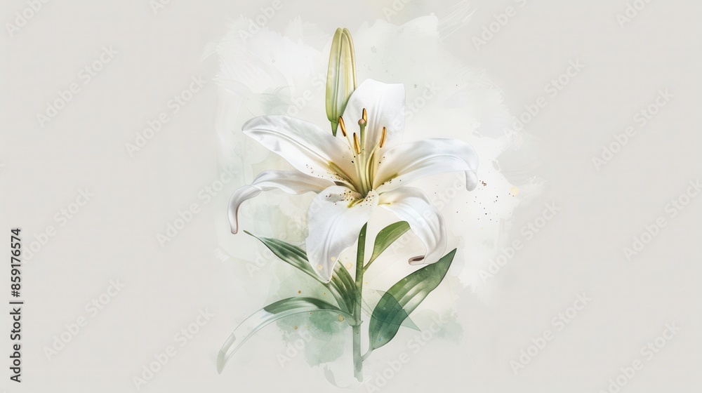 Elegant watercolor illustration of a white lily flower, showcasing delicate details against a soft background. Elegant watercolor illustration of a white lily flower, showcasing delicate details against a soft background.