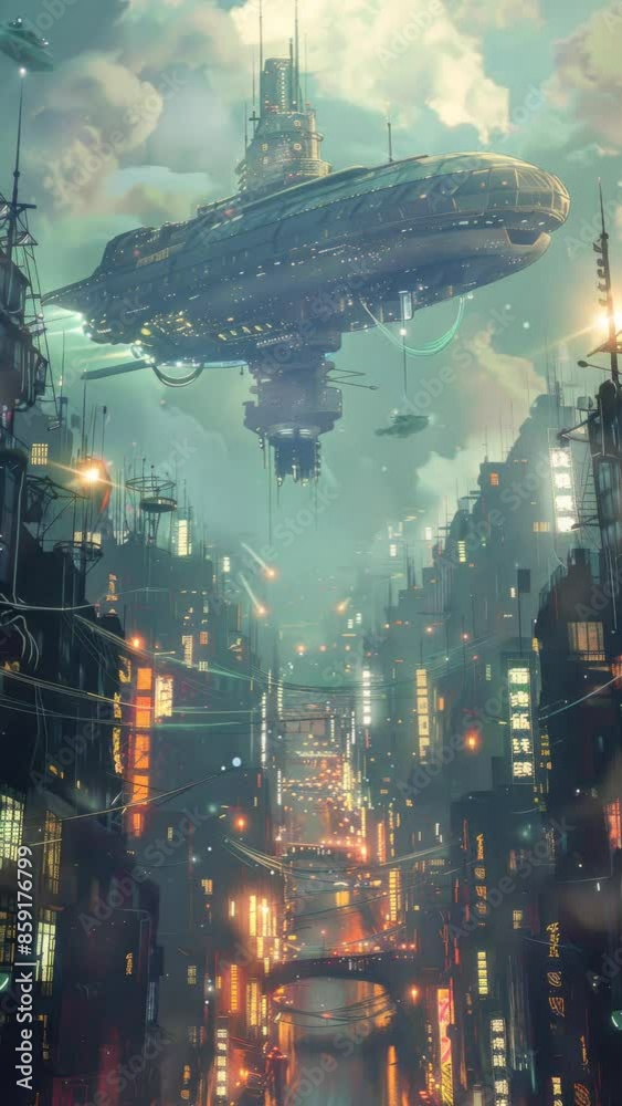 giant spaceship in the futuristic sky city, anime style