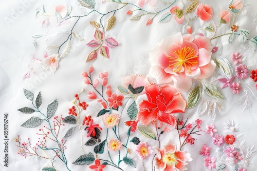 Intricate floral embroidery showcasing vibrant flowers and leaves on a light fabric background, perfect for textile inspiration. photo