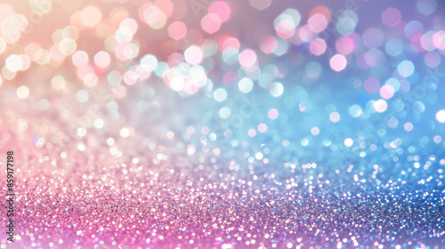 A pastel glitter background with soft, sparkling hues of pink and blue, creating a dreamy effect. Abstract bokeh lights in pastel colors. Design for wallpaper, poster, and banner.