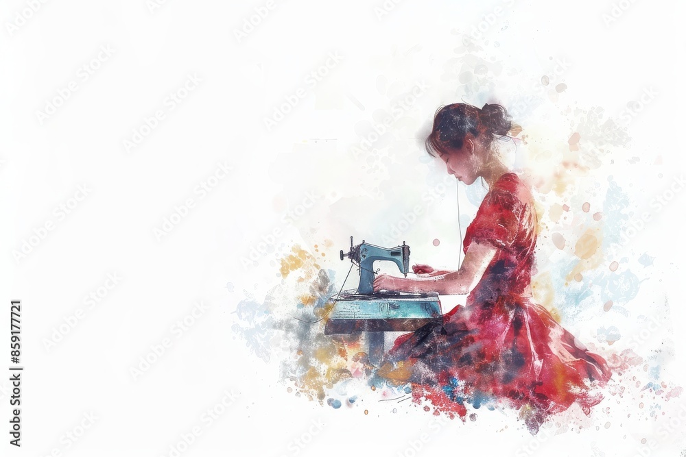 Watercolor illustration of a woman sewing on a sewing machine, wearing a red dress, with a soft white background. Watercolor illustration of a woman sewing on a sewing machine, wearing a red dress, with a soft white background.